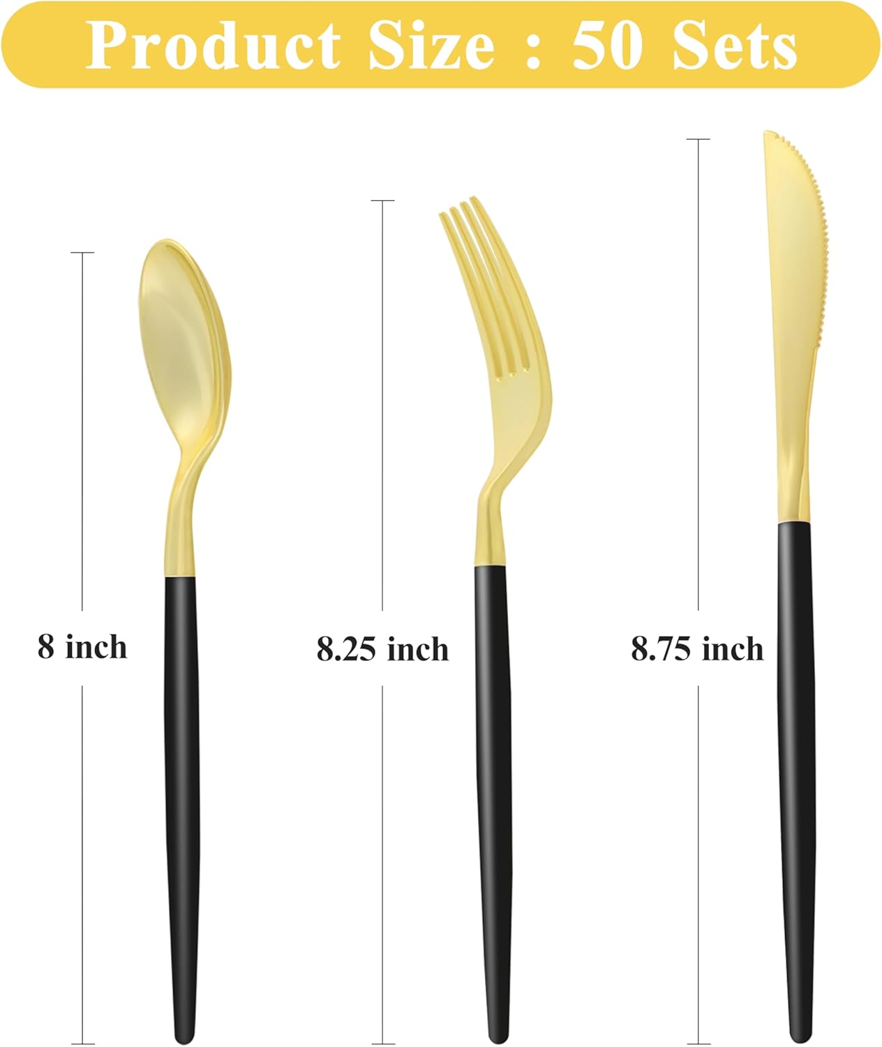 150 PCS Black Gold Plastic Utensils for 50 Guests, Gold Disposable Silverware with 50 Knives, 50 Spoons and 50 Forks, BPA Free, Ideal for Weddings, Birthdays & Graduation