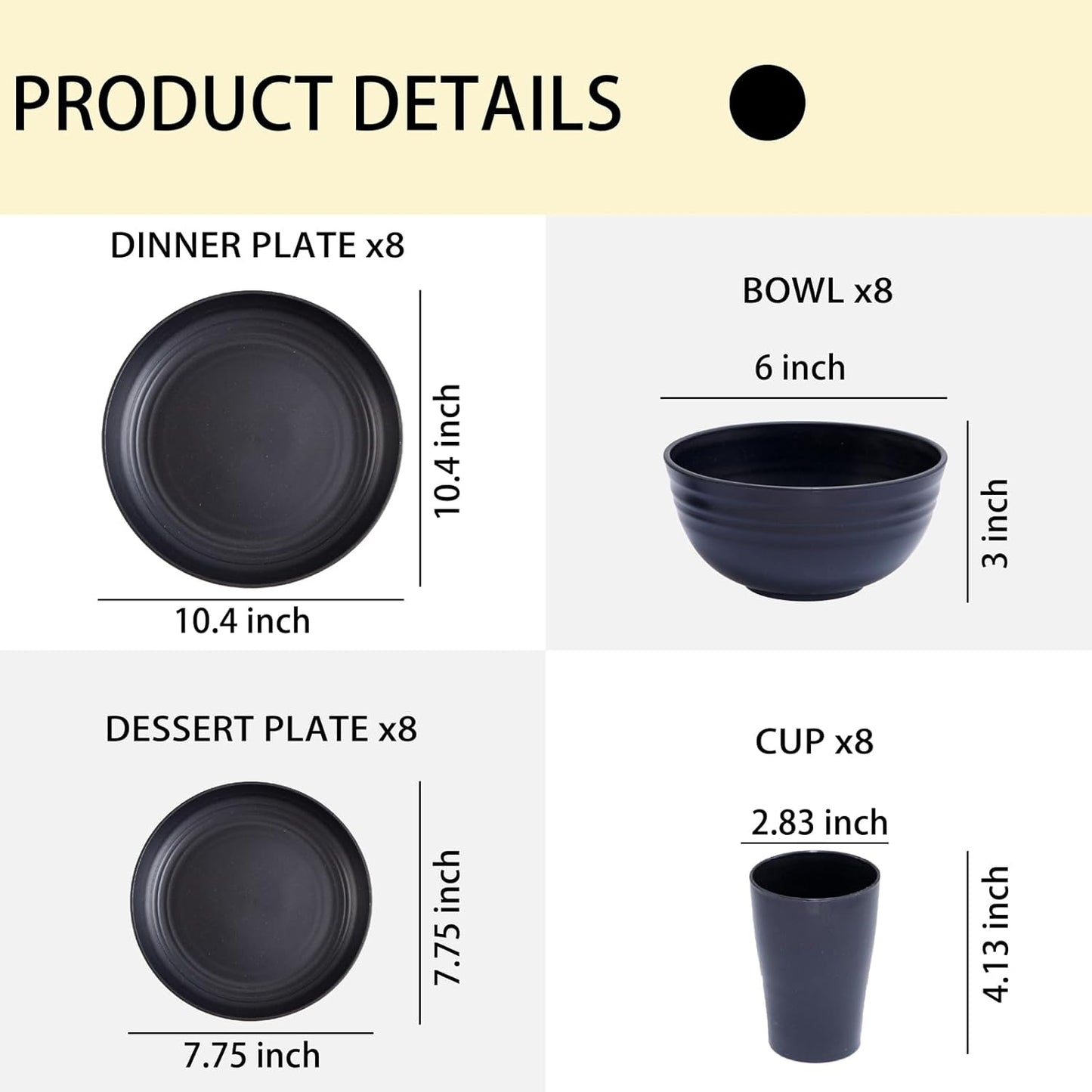 Supernal Wheat Straw Dinnerware Sets,Plates and Bowls Set, Dish Sets for 8, Unbreakable Plate for 8 Dishwasher Safe,Reusable Dinnerware Black-16pcs Plates, 8pcs Bowls, 8pcs Cups.