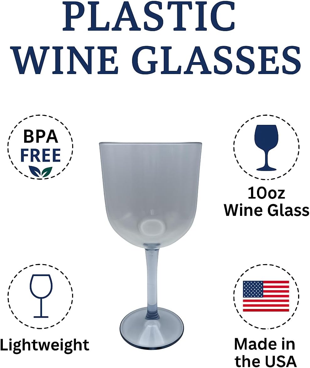 Party Outlaw Plastic Wine Glasses 4 Pc 10oz, Classic Wine Drinking Glasses, BPA-Free, Lightweight, Heavy Duty, Reusable, Shatter - Proof, Dishwasher Safe, Made in USA (Gray)