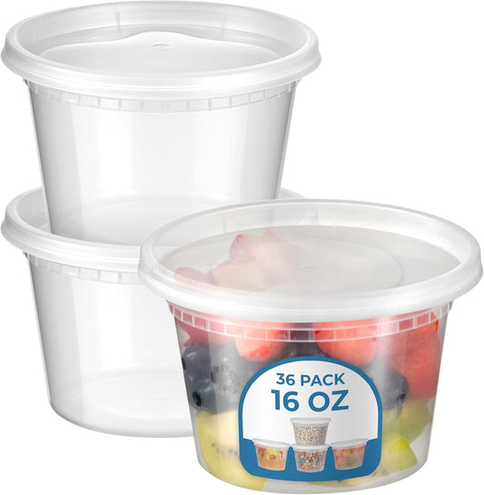 Fit Meal Prep 36 Pack 16 oz Deli Containers with Lids Variety Pack, US Made Leakproof Assorted Plastic Soup Containers, Combo Clear Food Storage Containers with Lids, Microwave Freezer Safe