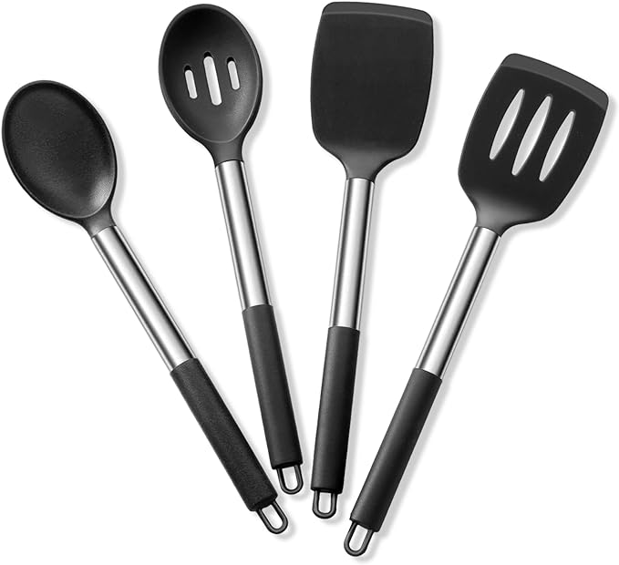 E-far Cooking Utensils Set of 4, Silicone Kitchen Utensils for Non-stick Cookware, Heat Resistant & Non-toxic Slotted Spatula Solid Spoon Turner for Flipping Mixing Serving Basting(Black)
