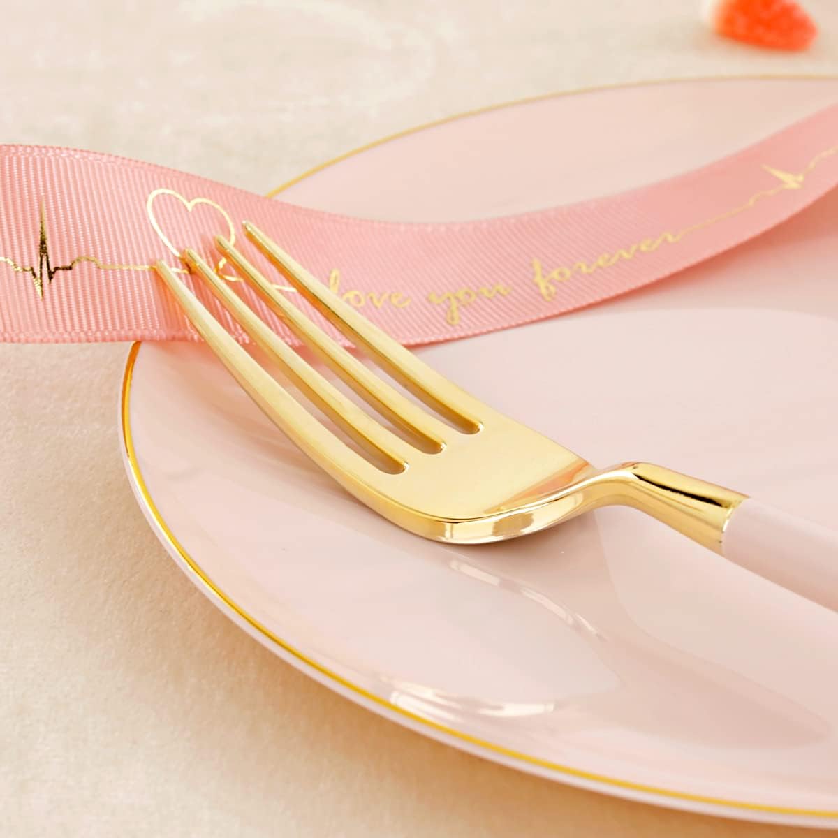 I00000 72PCS Pink Plastic Dessert Plates with Disposable Forks, Premium Pink Cake Plates, Fancy Apetizer Plate with Gold Rims Perfect for Party