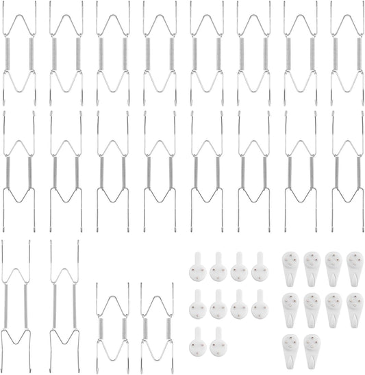 Bilillo 20 Pieces Stainless Steel Spring Plate Hangers for The Wall, 4/6/8/10 Inch Invisible Wire Holders with 20 Pcs Wall Hooks, Fit 4-11 Inch Decorative Plates, Platters & Dishes (Silver)