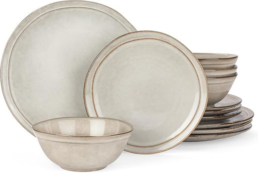 Famiware Aegean Dinnerware Set for 4, Plates and Bowls Sets, 12-Piece Stoneware Scratch Resistant Dinner Set, Handmade Irregular Round Dishes, Microwave and Dishwasher Safe, Sand Beige
