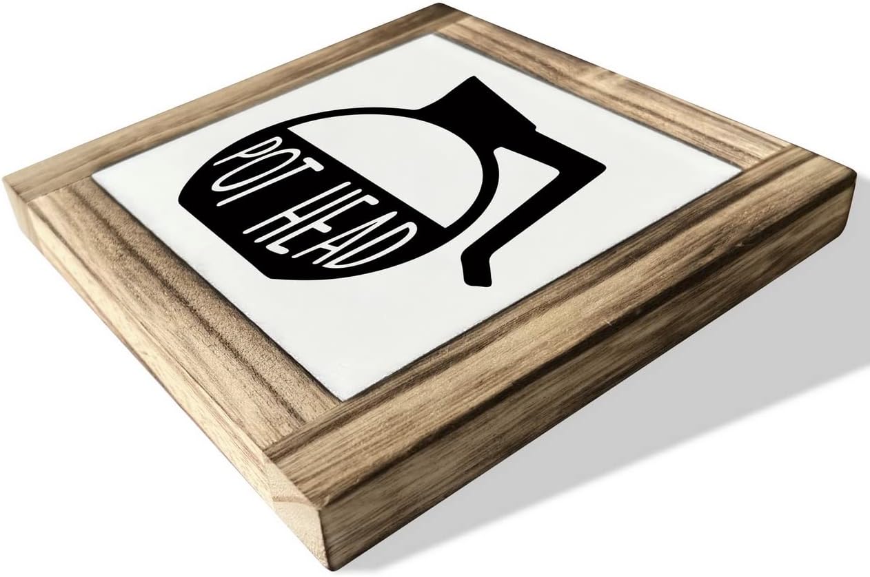 XJCUG Pot Head Wood Plaque Sign, Box Wood Plaques Desk Décor, Rustic Pot Head Coffee Sign, Café Tabletop Décor, Pot Head Kitchen Sign, Wooden Décor for Coffee Bar, Coffee Station Décor 5.9×5.9inch
