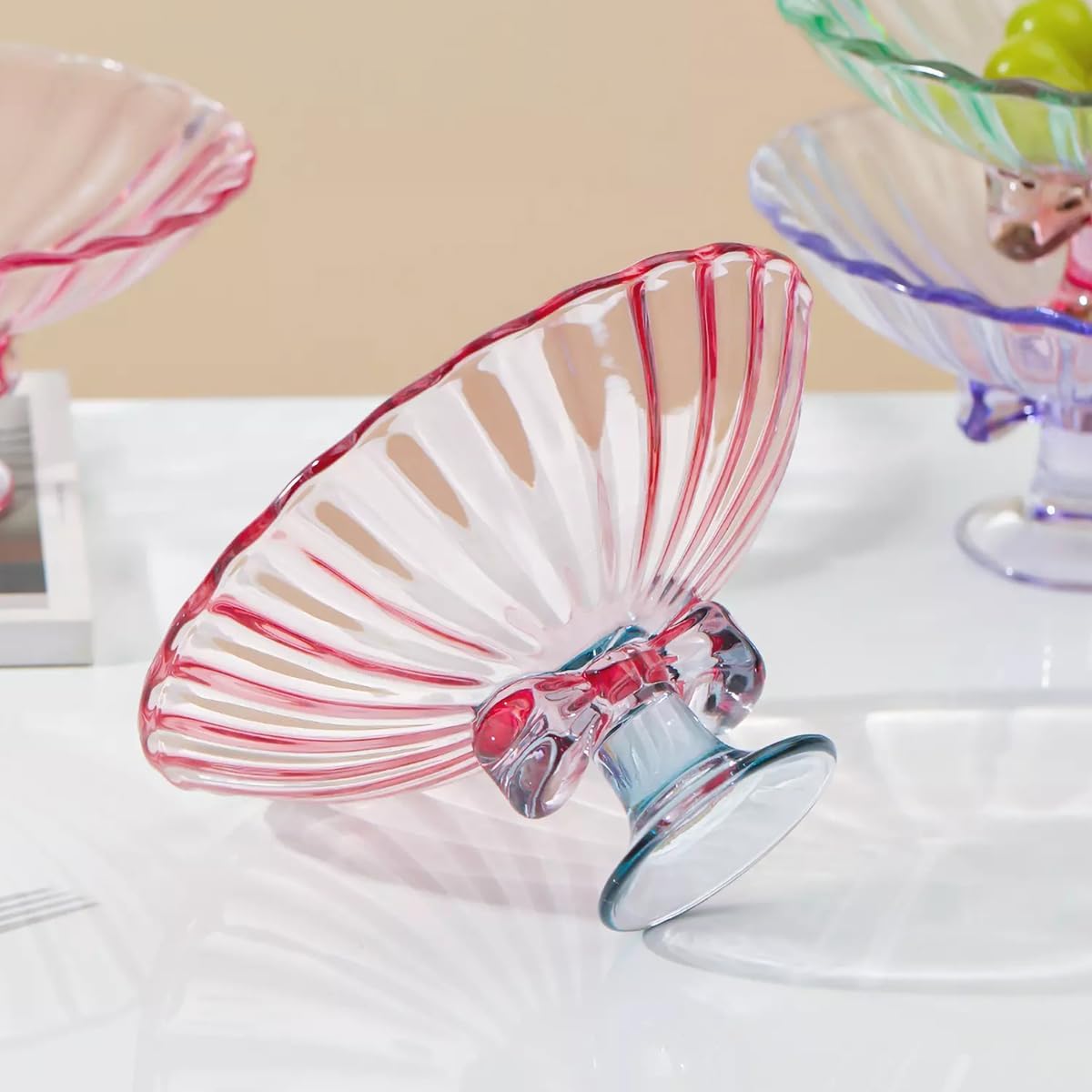 Glass Fruit Bowl. 9 inch Glass Pedestal Bowl. Elegant Bow Decoration Multicolor Salad Plate. Suitable for Fruit, Dessert, Candy, Snack & More. (Pink & Blue)