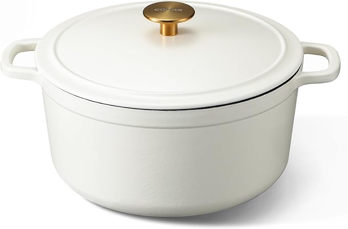 CAROTE Cast Iron Dutch Oven Pot with Lid, Enameled Dutch Oven for Sourdough Bread Baking, Dual Handles, Heavy-Duty Cast Iron Pot, 5QT, Cream White