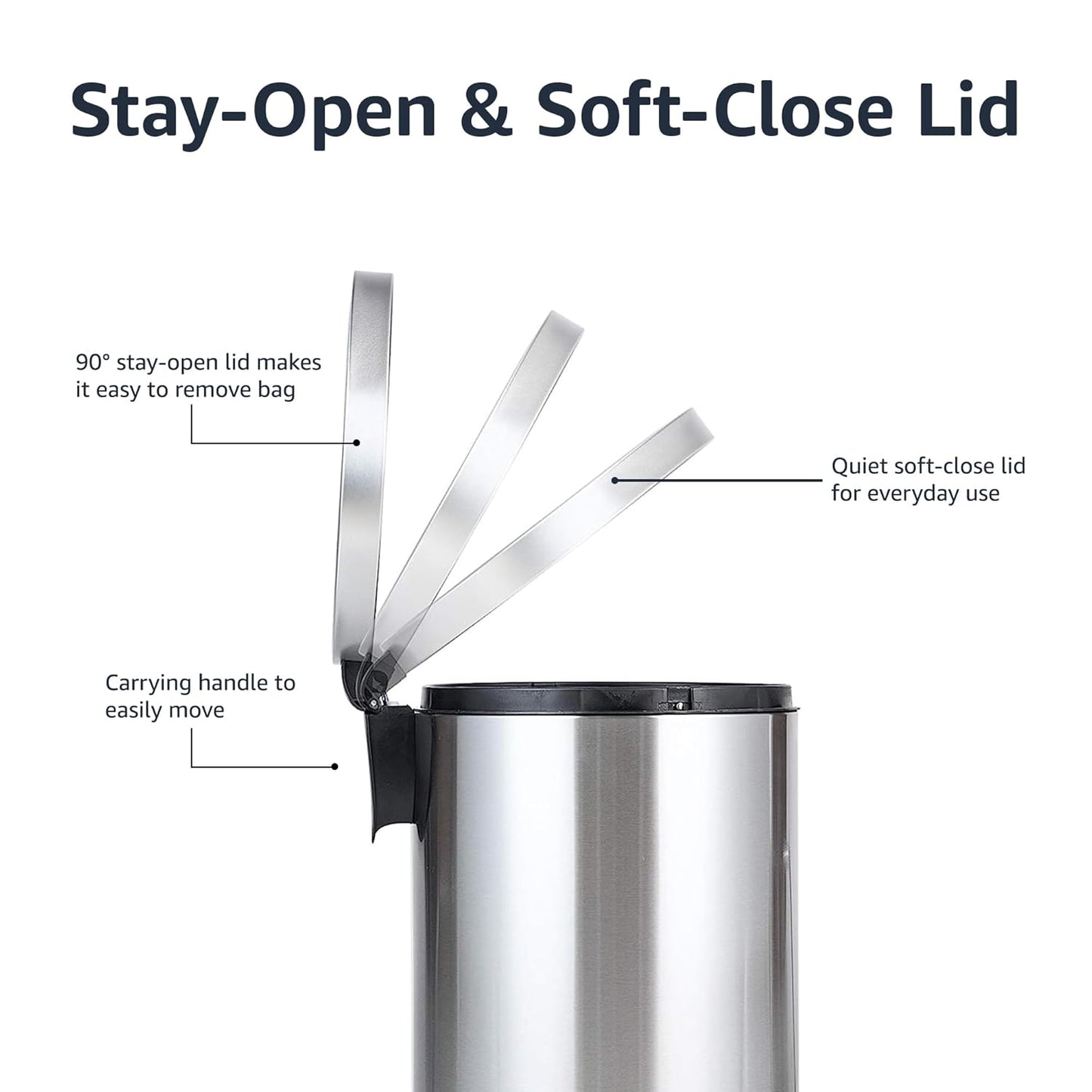 Amazon Basics Round Cylindrical Home Office Trash Can With Soft-Close Foot Pedal, 20 l /5.3 gallon, Brushed Stainless Steel