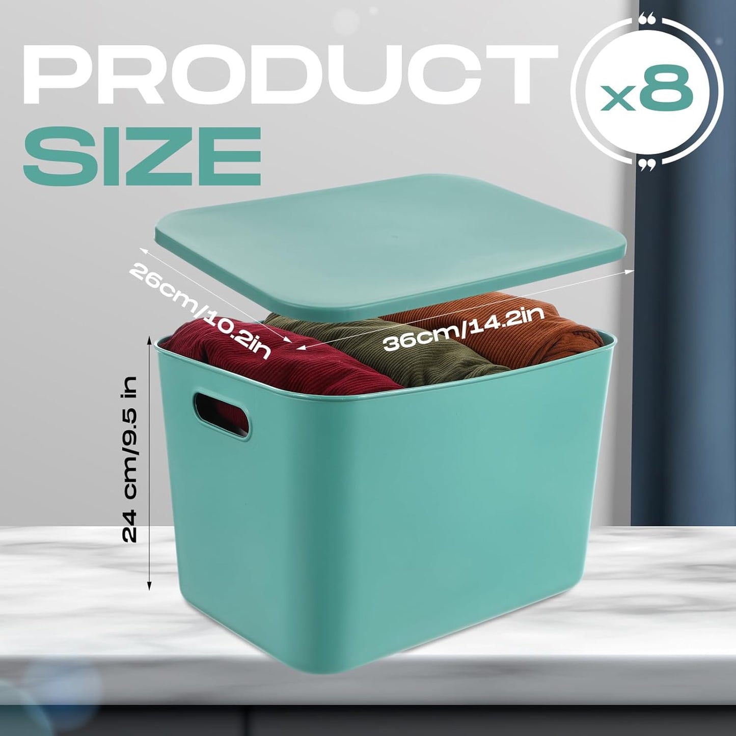 Hoolerry 8 Pieces Colorful Storage Bins with Lid, Plastic Storage Basket Organizing Container Stackable Box with Handle for Shelves Desktop Playroom Office(14.2 x 10.2 x 9.5 Inch,Green and Yellow)