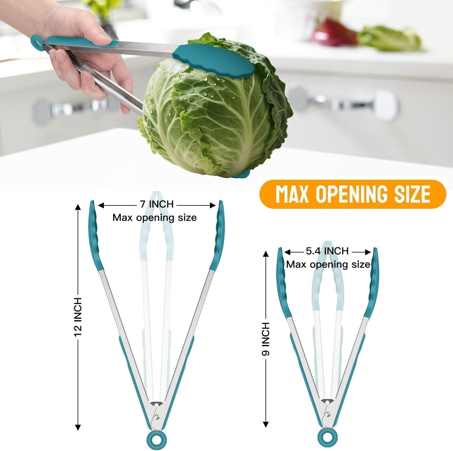 HOTEC Premium Stainless Steel Locking Kitchen Tongs with Silicon Tips, Set of 2-9" and 12", Turquoise