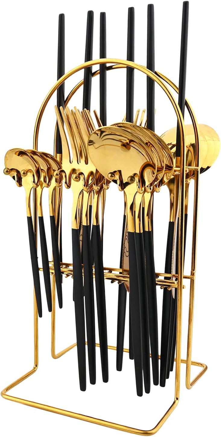 Black Gold 24Pcs Flatware Set With Stand, Lightweight Dinnerware Set Stainless Steel Cutlery With Black handles For Home Kitchen Wedding Party And Daily Use,Service For 6, Mirror Polish