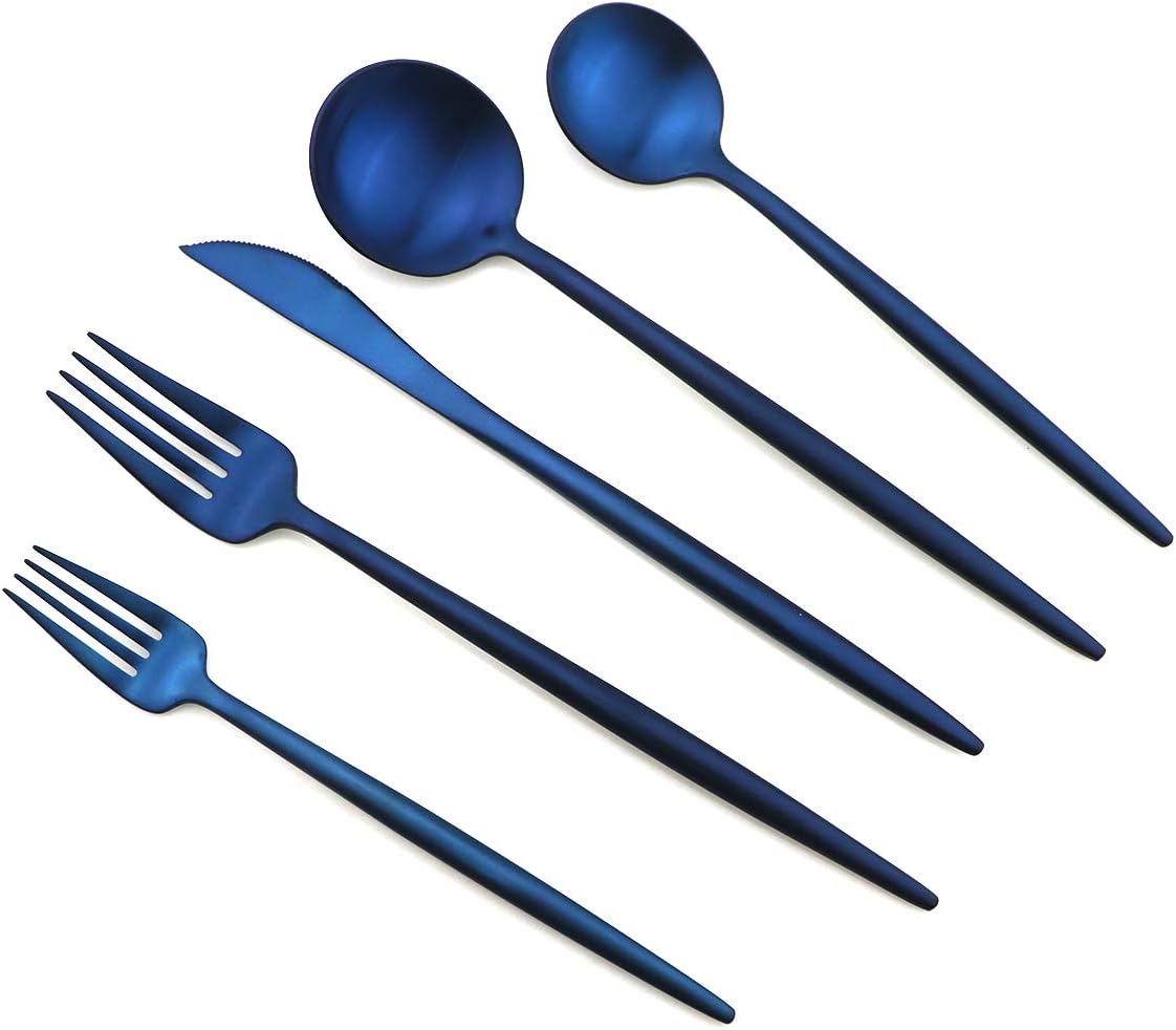 Gugrida 20 Pieces Matte Flatware Set, 18/10 Stainless Steel Cutlery Sets Including Knife Fork Spoon w/Drinking Straw, Silverware Sets Service for 4 (20-Piece, Matte Blue)