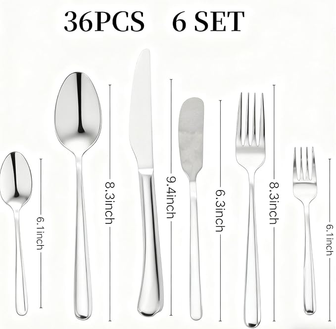 36 Piece Silverware Set,MASALACO 6-Piece Stainless Steel Cutlery Set-Knife Fork Butter Knife and Spoon,Mirror Finish,Suitable for Home Restaurant Hotel Kitchen Utensils,Dishwasher Safe