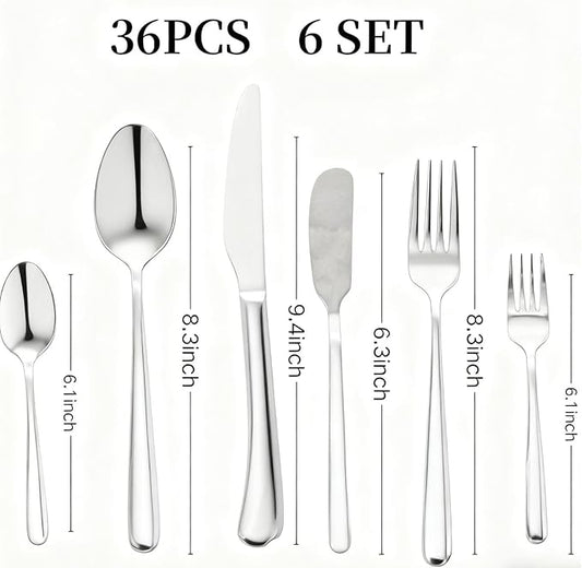 36 Piece Silverware Set,MASALACO 6-Piece Stainless Steel Cutlery Set-Knife Fork Butter Knife and Spoon,Mirror Finish,Suitable for Home Restaurant Hotel Kitchen Utensils,Dishwasher Safe