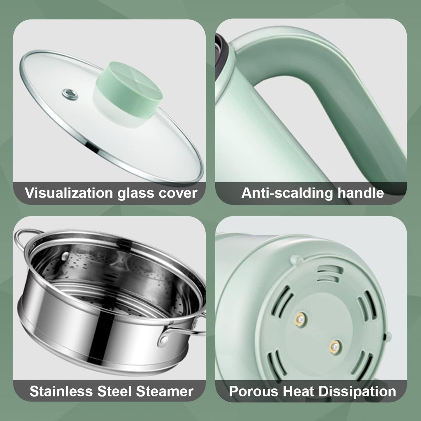 Smart Mini Hot Pot with Timer and Automatic Shut Off 1.2L Non-Stick Rapid Noodle Cooker w Stainless Steel Steamer Basket 600W Quick Cook 5 Cooking Modes for Soup, Rice (1cup) , Porridge, Pasta Great for 1-2 Persons (Green)