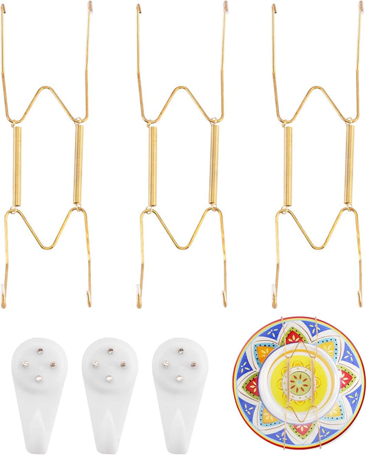 3 Pack Plate Hangers for The Wall Suitable for 8-10 inch Small Decorative Plate, Invisible Stainless Steel Plate Hangers for Display with Wall Hooks, for Plates/Platter/Dish/Picture(Gold)