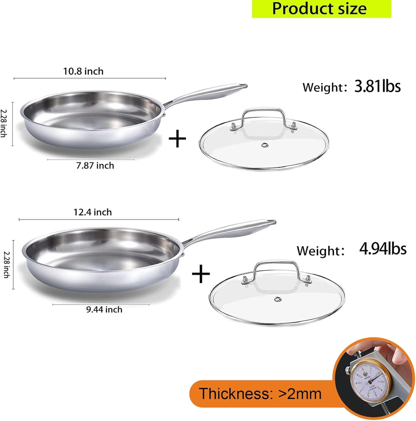 DELARLO Tri-ply Stainless Steel Frying Pan Set with Lid 10" 12" Induction large Skillets Chef's Pan,Pots and Pans Set Kitchen Cookware Set Suitable for All Stove