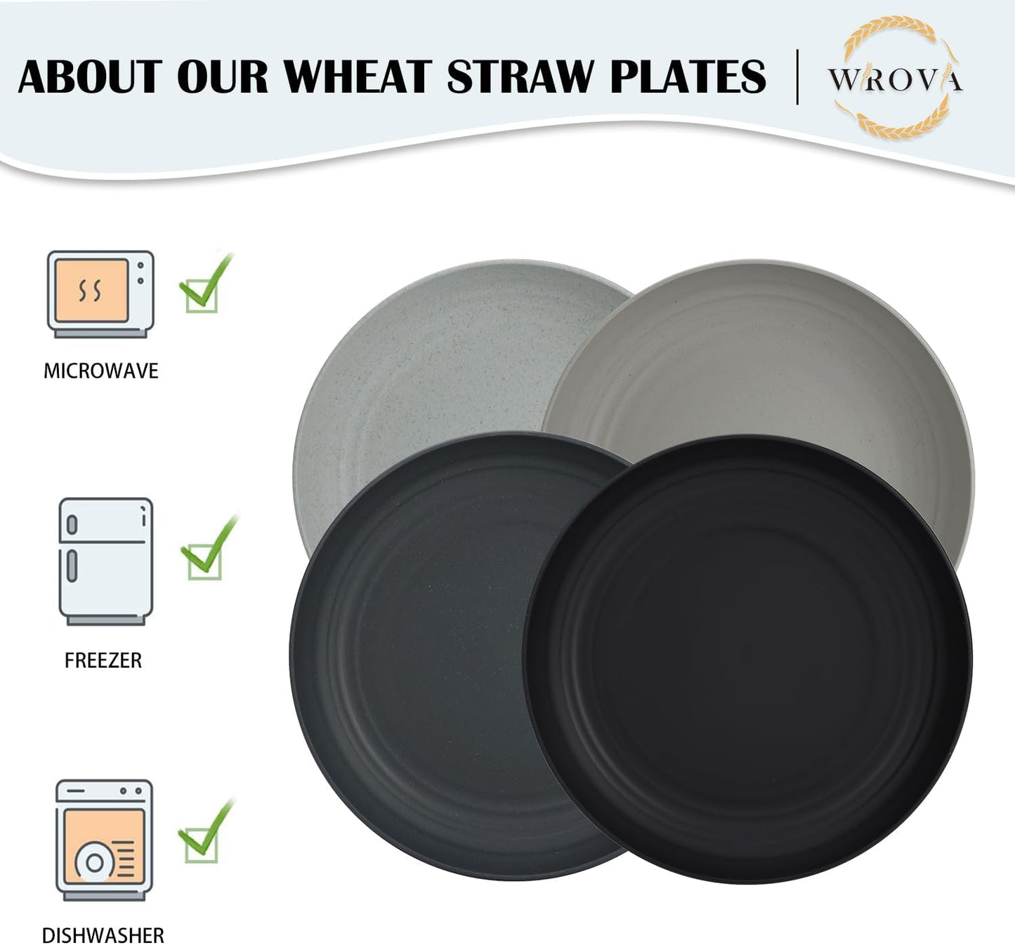 Wrova Large Wheat Straw Plates - 11 Inch Unbreakable Dinner Plates Set of 8 - Dishwasher & Microwave Safe, Reusable - Deep Edge for Kitchen and Camping (Classic)