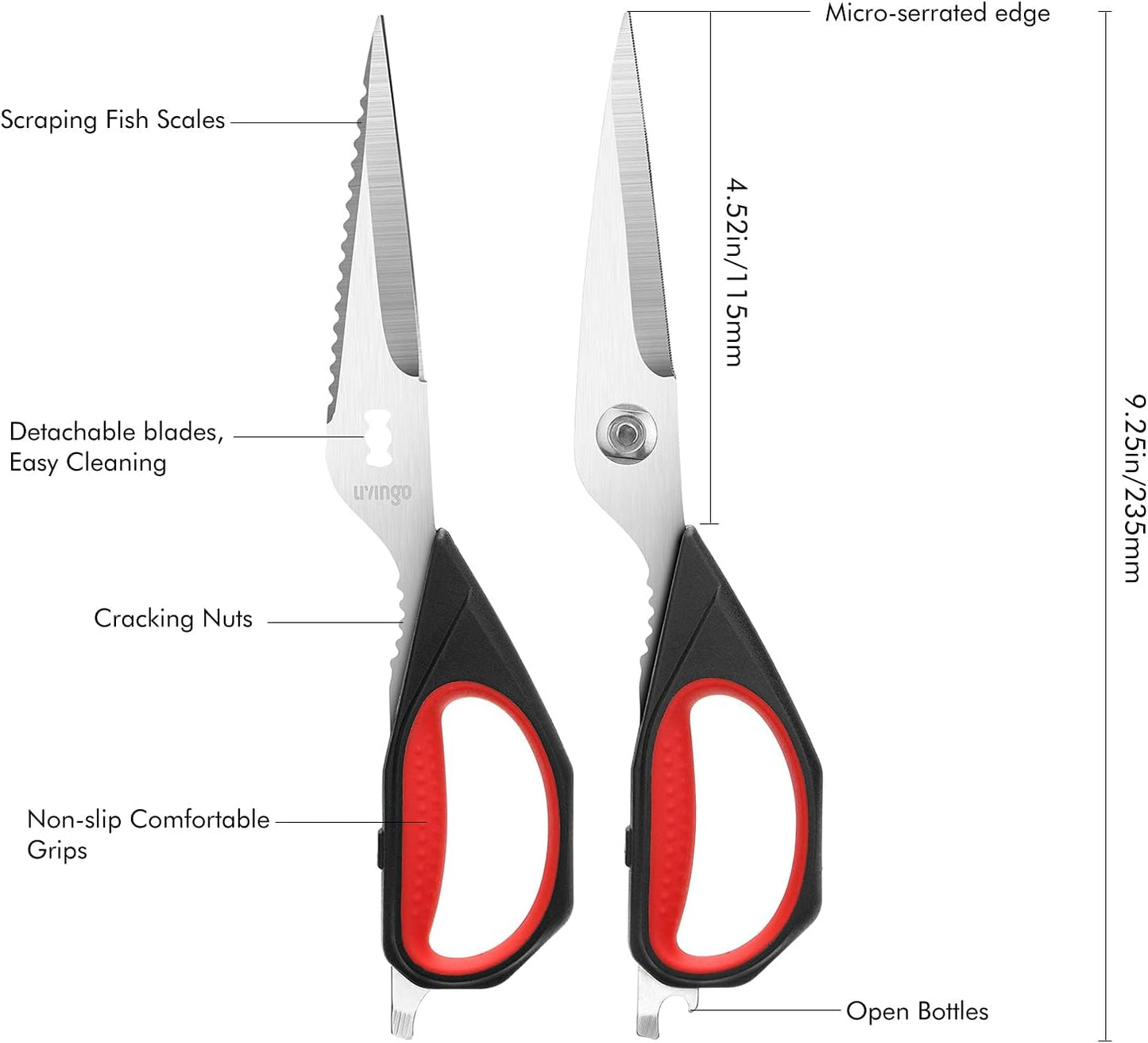 LIVINGO Kitchen Scissors, 2 Pack 9.25" Utility All Purpose Poultry Shears Heavy Duty Dishwasher Safe, Come Apart Sharp Stainless Steel Cooking Food Scissors for Cutting Meat, Chicken, Vegetable, Fish