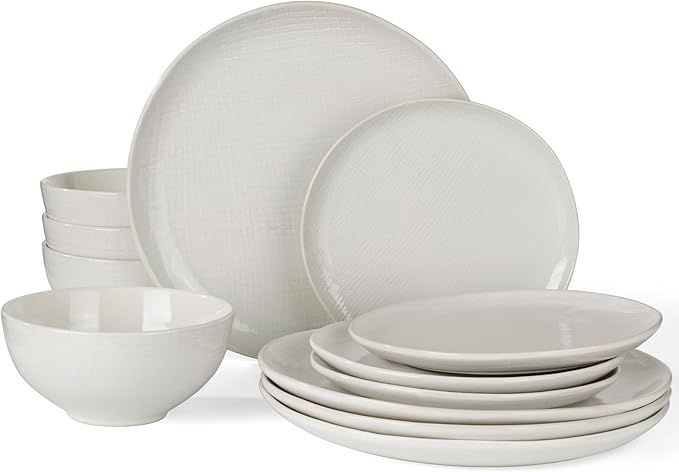 Famiware Moonlight Plates and Bowls Sets, 12 Pieces Stoneware Dinnerware Sets with Linen Finish, Handmade Dishware Set for 4, Microwave and Dishwasher Safe, Chip and Scratch Resistant, White