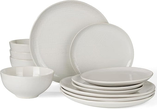 Famiware Moonlight Plates and Bowls Sets, 12 Pieces Stoneware Dinnerware Sets with Linen Finish, Handmade Dishware Set for 4, Microwave and Dishwasher Safe, Chip and Scratch Resistant, White