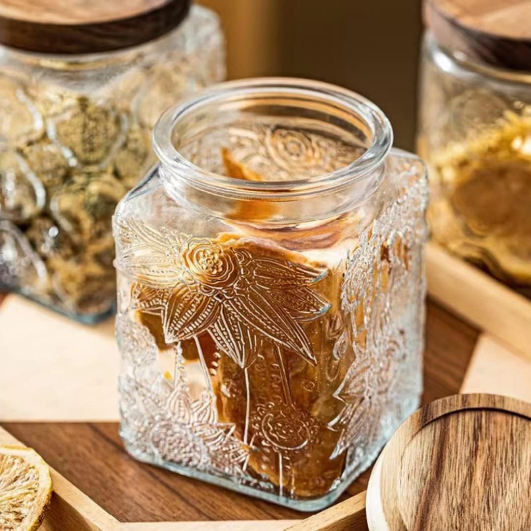 ANSQU Square Glass Jar with Lid – 25.4 oz Vintage Style Glass Food Storage Container for Kitchen Pantry, Candy, Sugar, Coffee, Cookies, Clear Kitchen Jar for Organization & Decor (Square Sunflower)