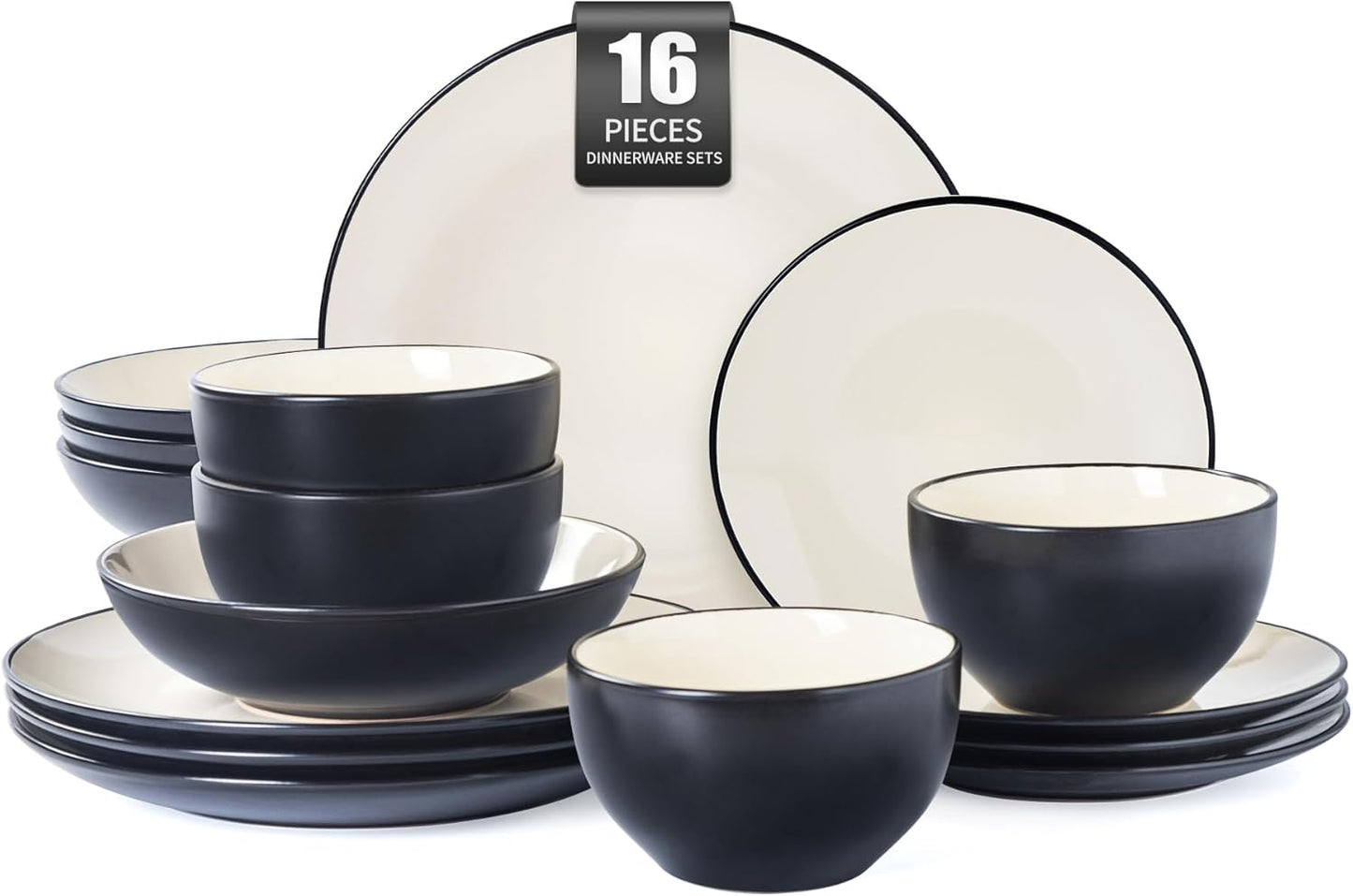 Plates and Bowls Sets for 4 - CJDC-QUELO 16-Piece Stoneware Dinnerware Sets, Ceramic Dishware Set for Indoor Kitchen Use and Formal Dining, Chip and Scratch Resistant Microwave Dishwasher Safe, Ivory