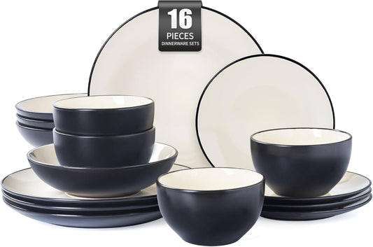 Plates and Bowls Sets for 4 - CJDC-QUELO 16-Piece Stoneware Dinnerware Sets, Ceramic Dishware Set for Indoor Kitchen Use and Formal Dining, Chip and Scratch Resistant Microwave Dishwasher Safe, Ivory