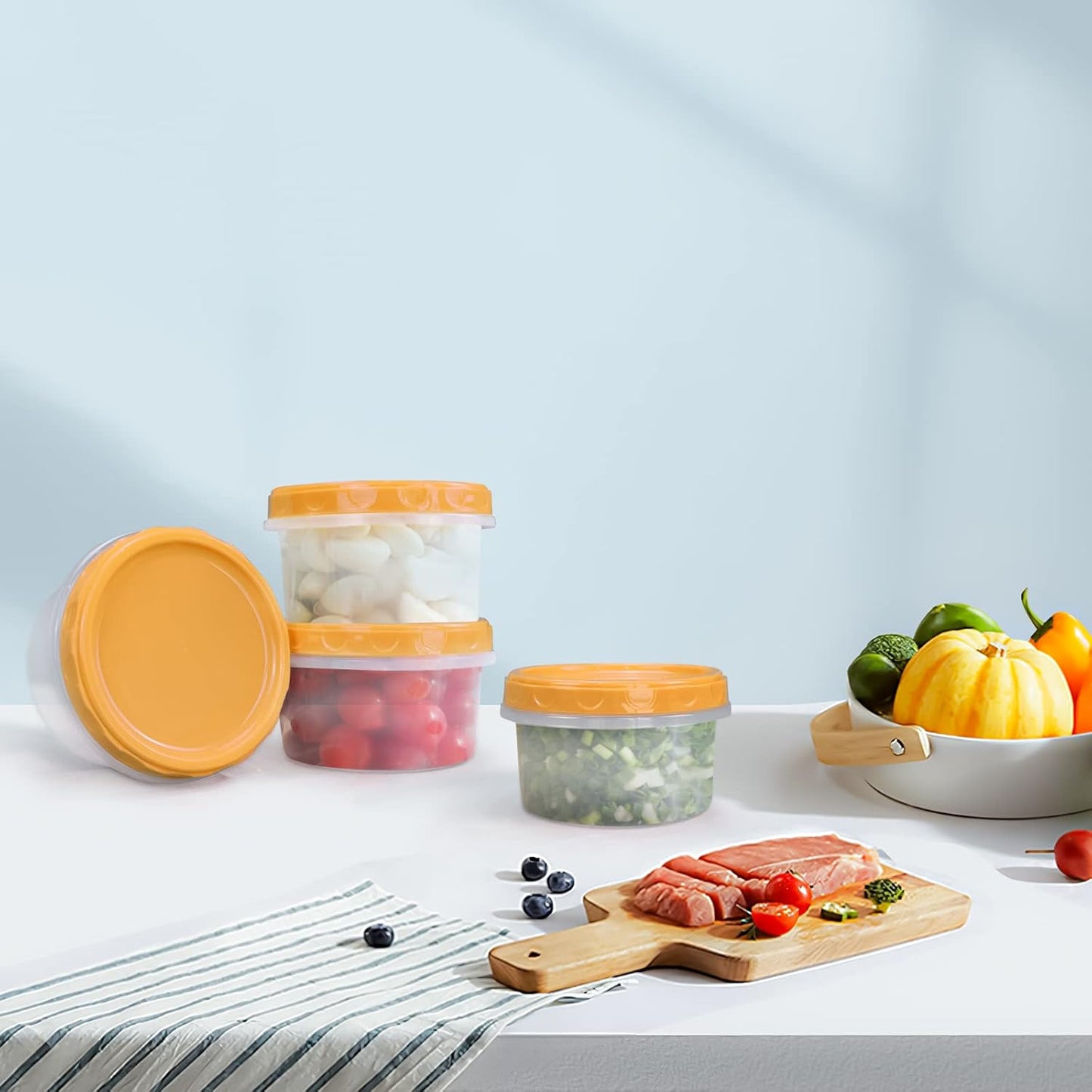 8 Ounce reuseable small plastic freezer storage container jars with screw lid for food snacks lunch(8Pcs, Yellow)