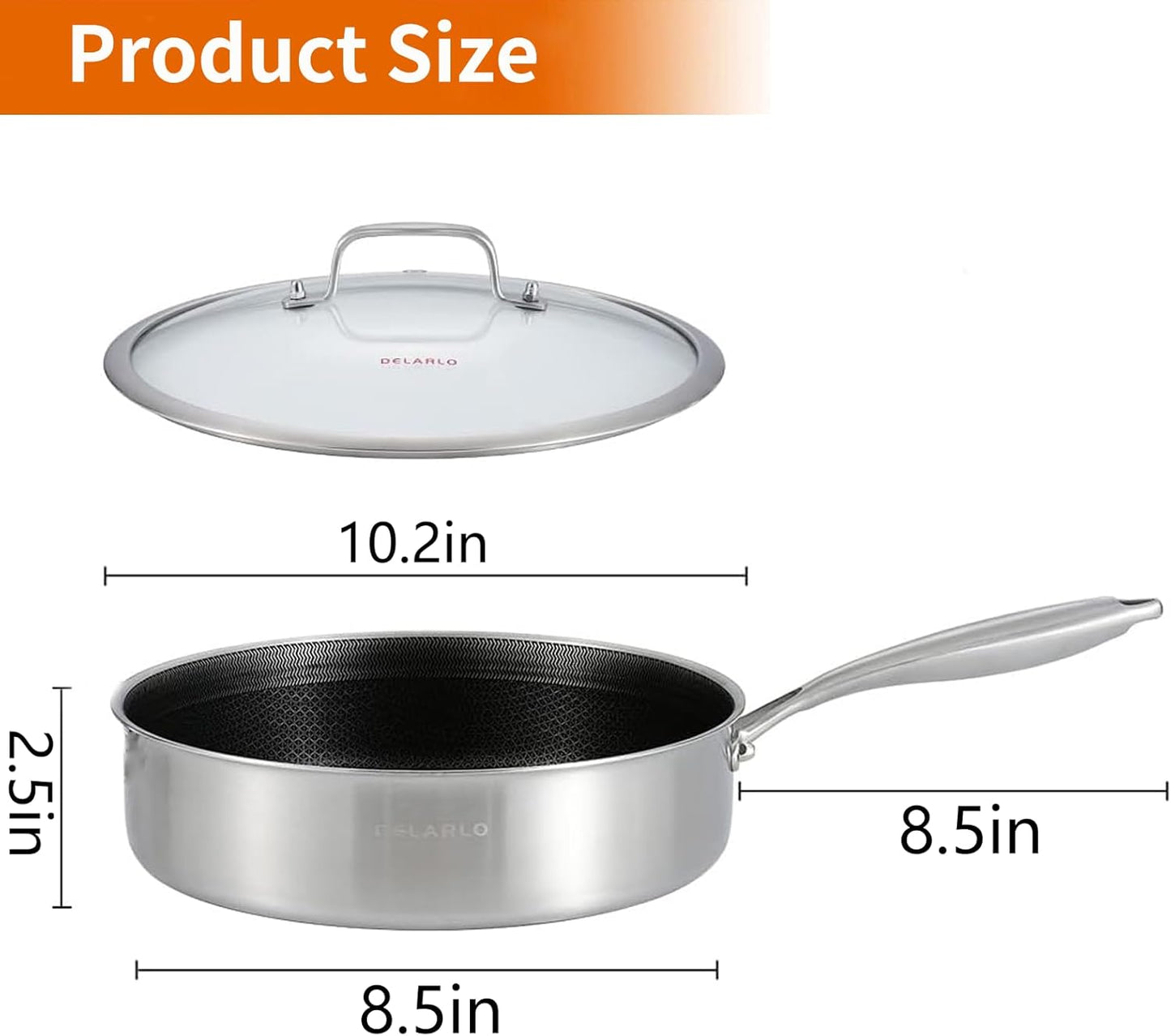 DELARLO Tri-Ply Hybrid Stainless Steel 10 Inch Saute Pan,3QT Chef Cooking Pan,Anti-Scratch,Compatible with All Cooktops,Oven Up to 660℉,Chicken Fryer,Dishwasher-Friendly（Detachable handle）
