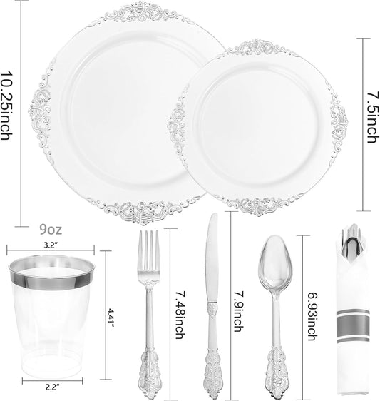 Liacere 350PCS Silver Plastic Plates&Pre Rolled Napkins for 50 Guests - Plastic Dinnerware Sets 100Silver Disposable Plates, 150Silver Silverware, 50Cups and 50Napkins for Wedding