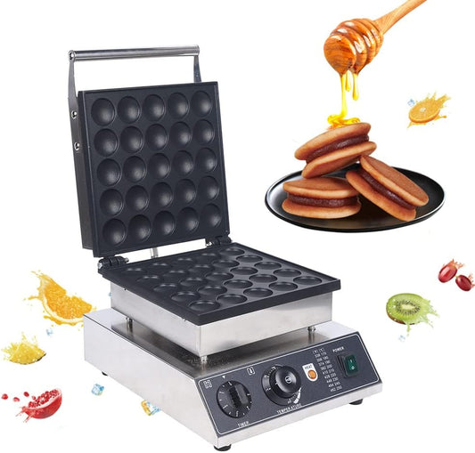 110V Mini Dutch Pancake Baker,Commercial Electric Nonstick Waffle Maker Machine,Non-stick Pancake Maker with Temperature Control (25pcs Sliver)