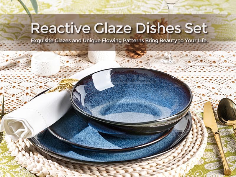 LeRatio Ceramic Dinnerware Sets for 4,Wavy Reactive Glaze Stoneware Plates and Bowls Sets,Highly Scratch Resistant | Dishwasher & Microwave,Oven Safe Dishes Set(12PCS)