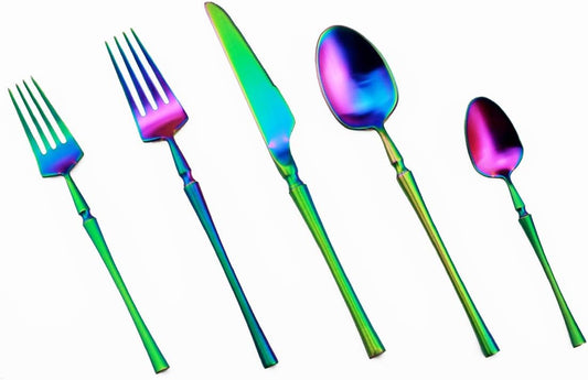 Gugrida Unique & Beautiful Flatware Set - 5 Piece Iridescent Silverware Sets | 18/10 Stainless Steel Reusable Cutlery Set | Rainbow Utensils Service For 1 with Dessert Fork, Knife, Spoon, Dinner Fork