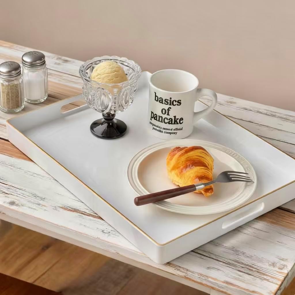 Zosenley Decorative Tray, Rectangular Plastic Tray with Handles, Modern Vanity Tray and Serving Tray for Bathroom, Kitchen, Ottoman and Coffee Table, 15.6” x 10.2” (White)