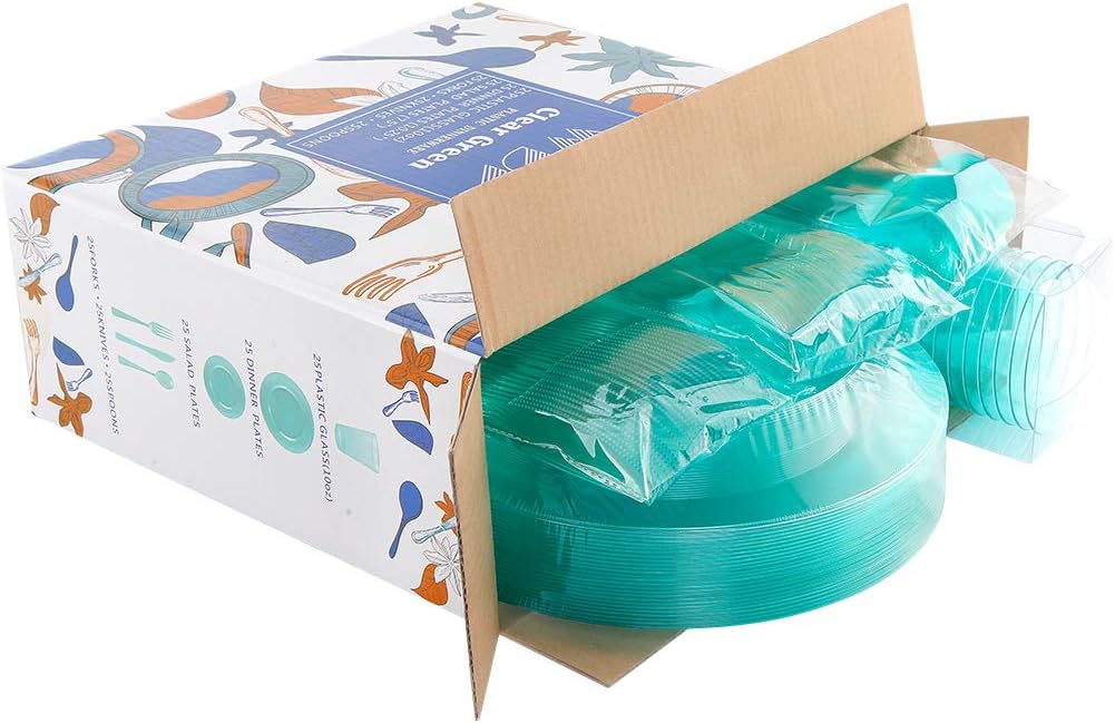 WDF 25 Guest Green Plastic Plates with Disposable Silverware&Green Cups-Neon Clear Plastic Dinnerware include 25 Dinner & Salad Plates,25 Forks, 25 Knives, 25 Spoons,25 Cups for Party