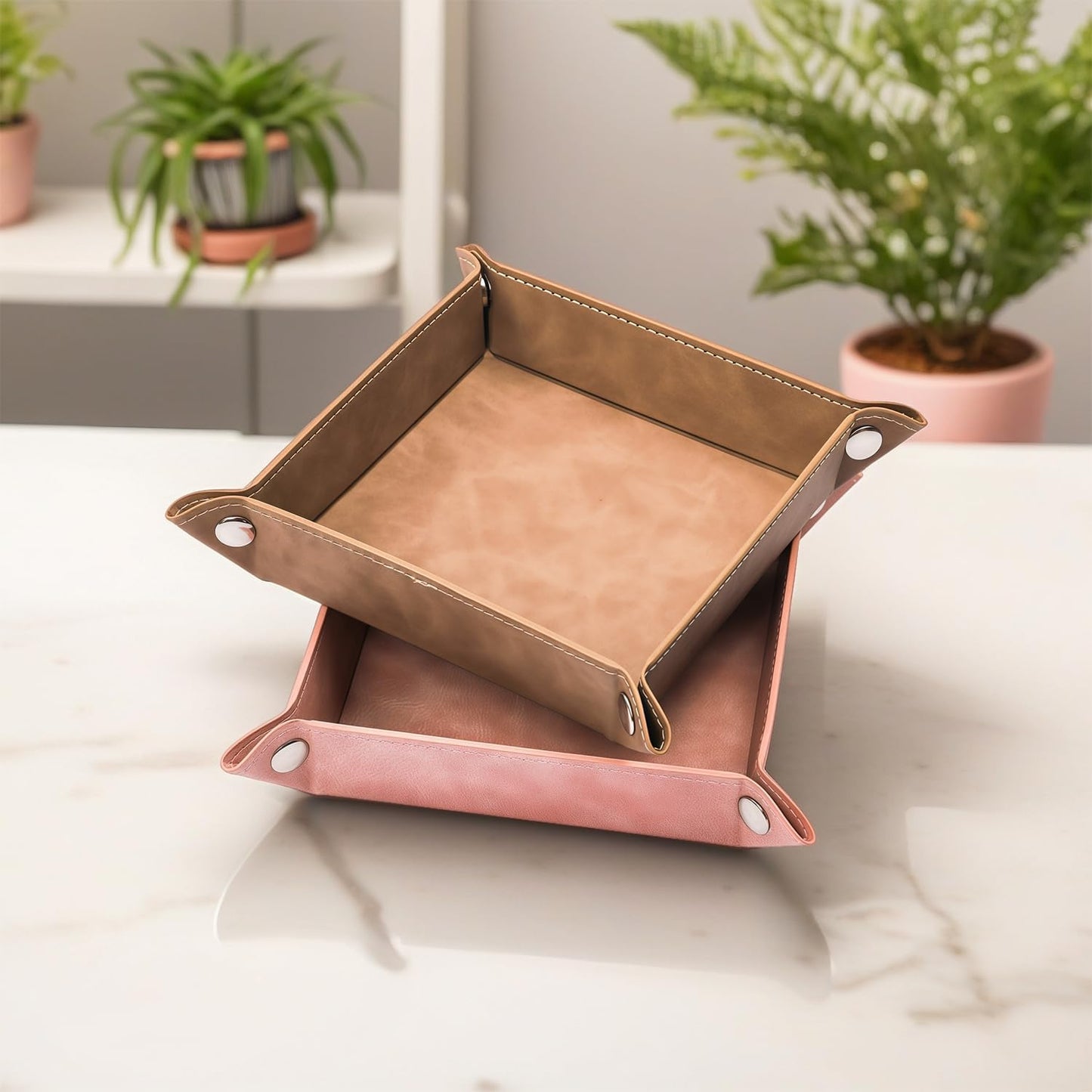 siduater Valet Tray Desktop Storage Organizer – Vegan Leather Catchall Bedside Vanity Tray Nightstand Caddy Holder for Remote Controller, Watch, Keys, Phone, Wallet, Coin, Jewelry, Stone Pink