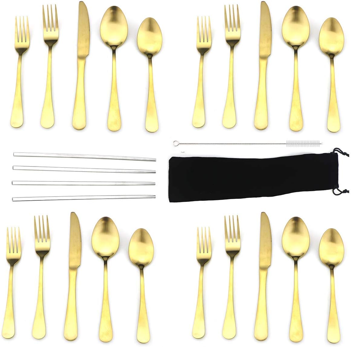 JASHII Modern Royal 20 Pcs Matte Gold 18/10 Stainless Steel Utensils Cutlery Dinnerware Set w/ 4 Pcs Straw, Knife Fork and Spoon Flatware Set for Wedding Festival Christmas Party Service for 4