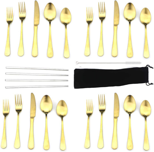 JASHII Modern Royal 20 Pcs Matte Gold 18/10 Stainless Steel Utensils Cutlery Dinnerware Set w/ 4 Pcs Straw, Knife Fork and Spoon Flatware Set for Wedding Festival Christmas Party Service for 4