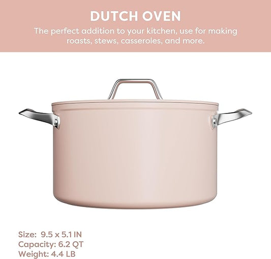 CIARRA Nonstick Dutch Oven with Lid, 6.2 QT Ceramic Dutch Oven with Dual Handles, Non Toxic, PTFE & PFOA Free, Oven Safe & Compatible with All Stovetops, Pink