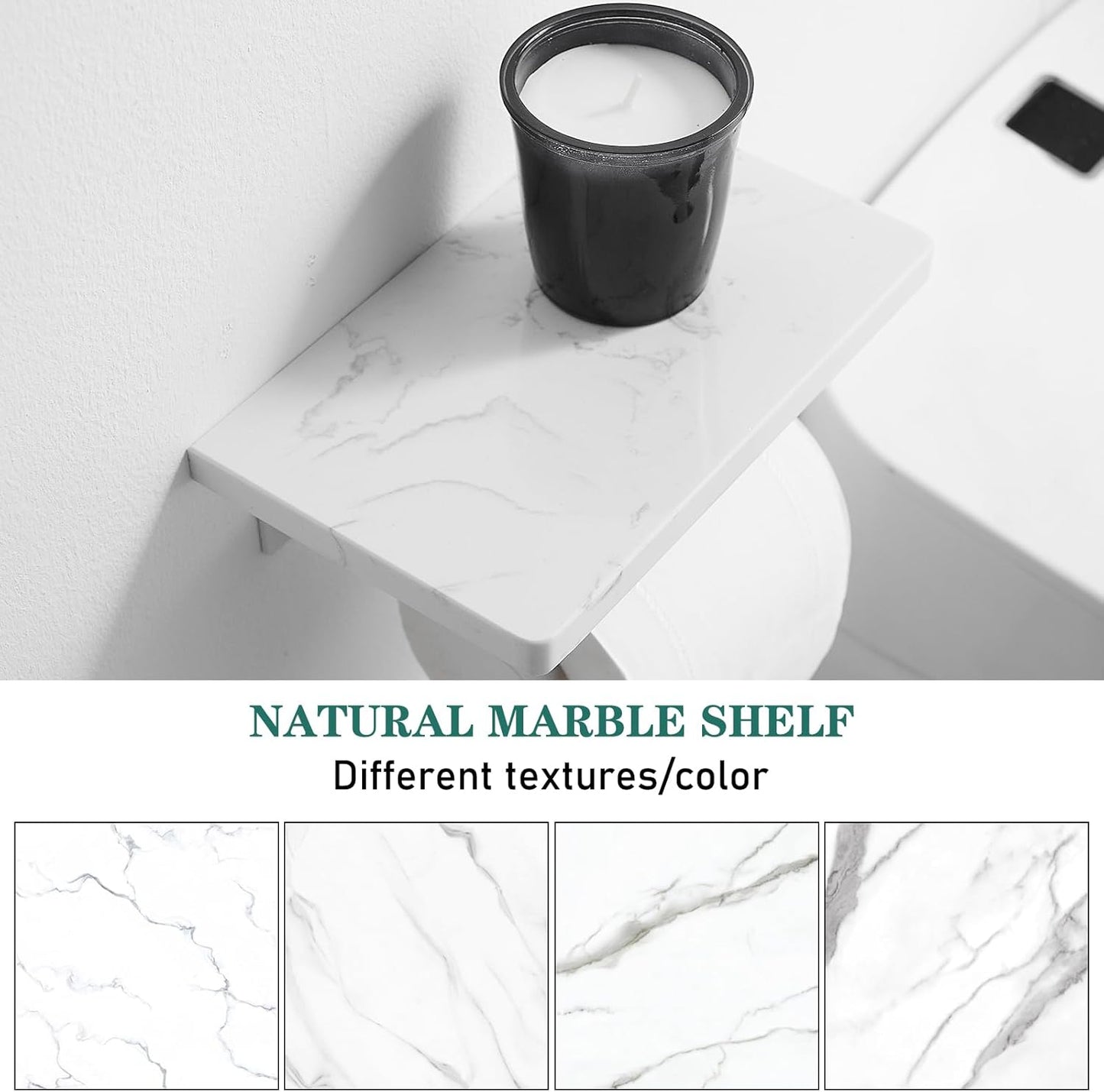 Hoimpro White Aluminum Toilet Paper Holder with White Natural Marble Shelf, Wall Mounted Tissue Hand Paper Roll Storage Holder for Bathroom Kitchen Washroom Bedroom