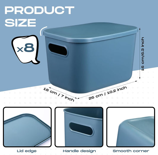 Hoolerry 8 Pieces Colorful Storage Bins with Lid, Plastic Storage Basket Organizing Container Stackable Box with Handle for Shelves Desktop Playroom Office(16.1 x 12.0 x 9.7 Inch,Blue)