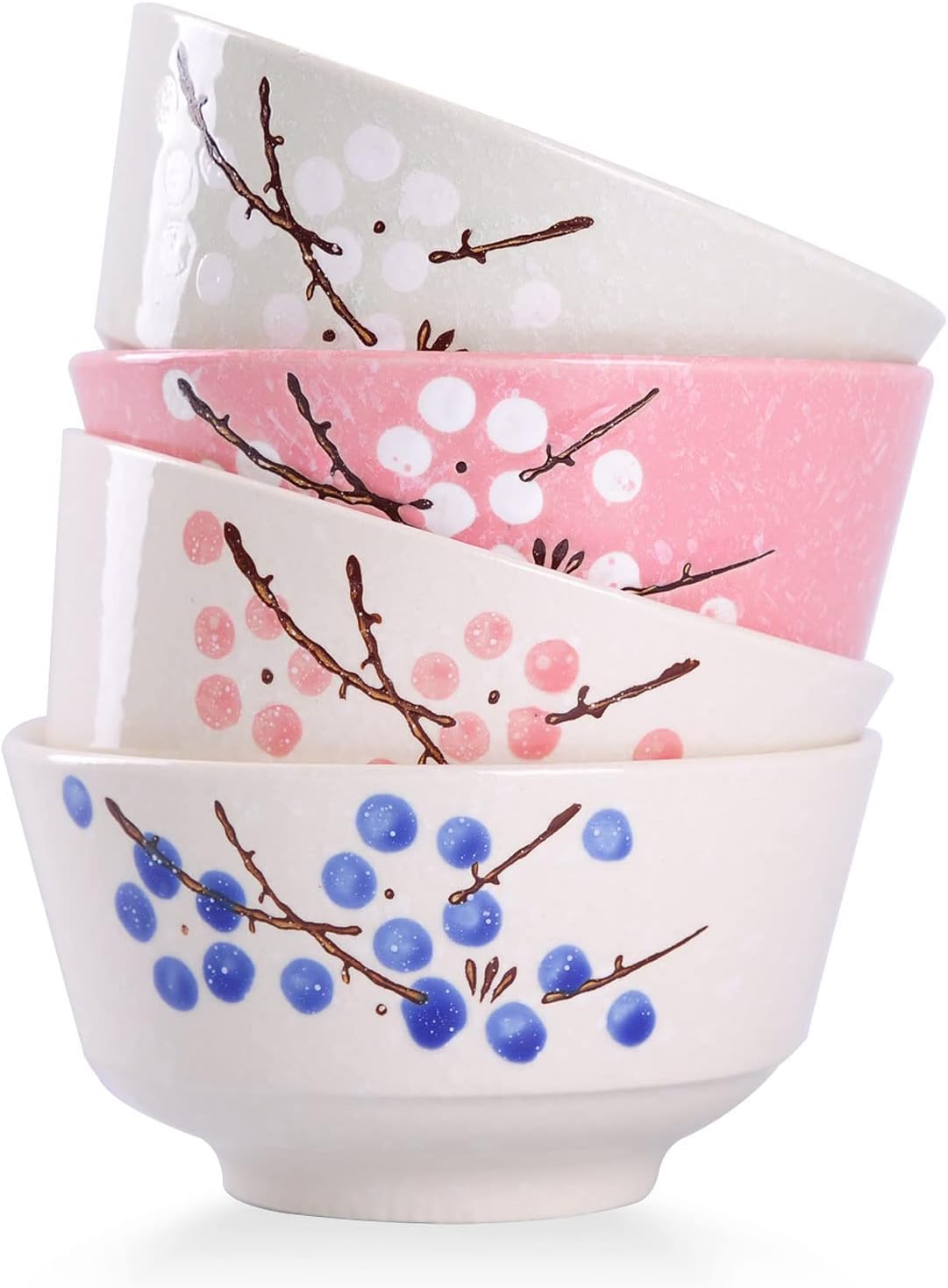 VanEnjoy Set of 4 Japanese Style Ceramic Rice Bowl,4 Assorted Color Cherry Blossoms Among Snow Flake Pattern Bowls Set