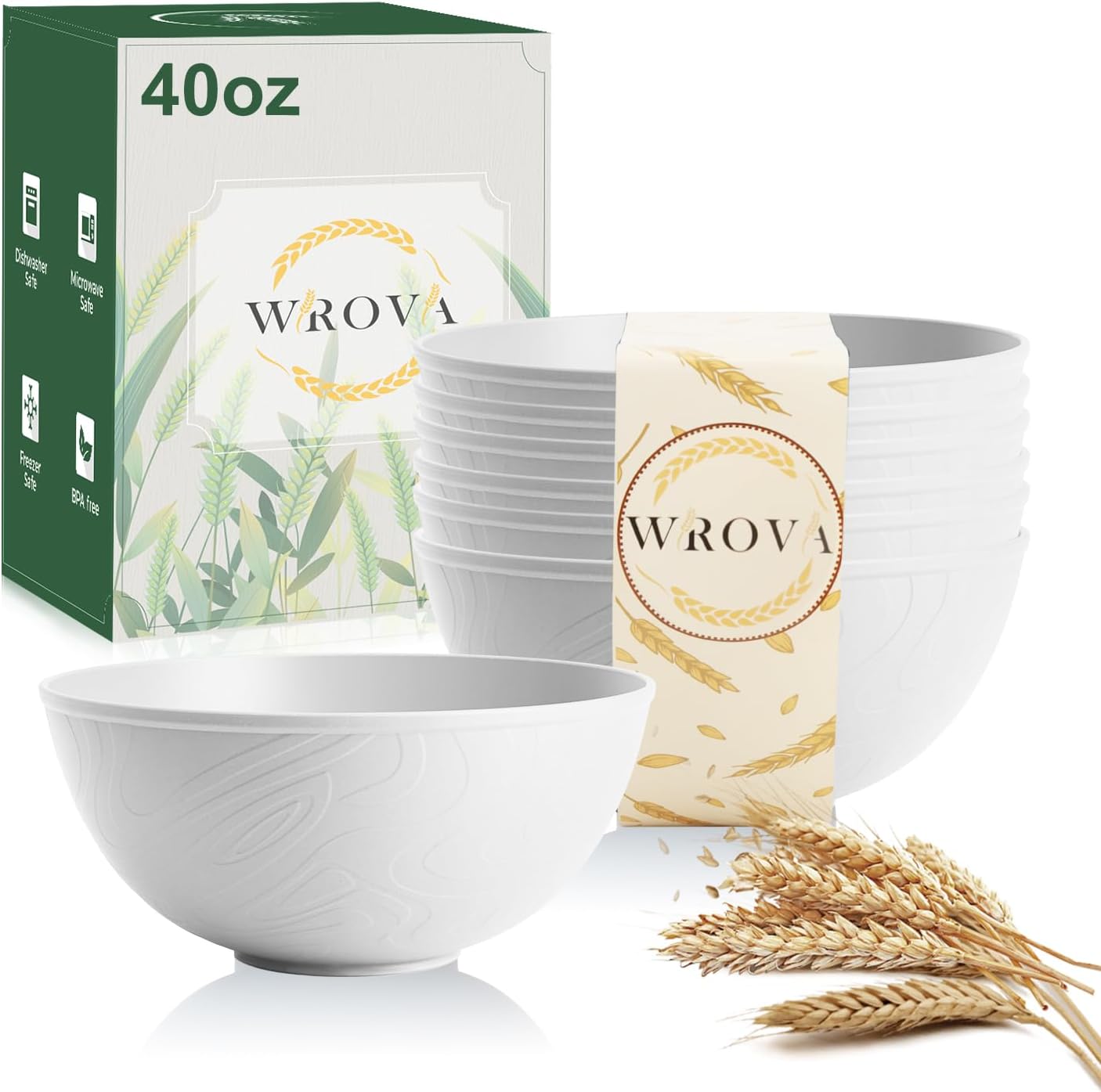 Wrova White Wheat Straw Bowls for Cereal and Salad,Alternative Plastic Bowls Set of 6,40oz Unbreakable Soup Bowls suitable for Kitchen,Party,Camping and R.V.