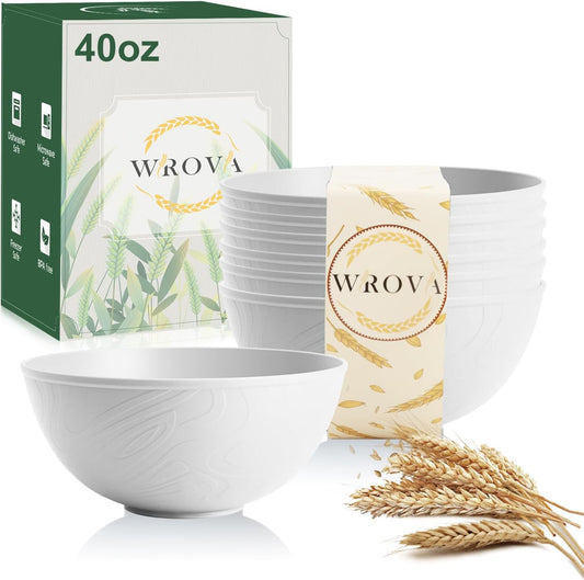 Wrova White Wheat Straw Bowls for Cereal and Salad,Alternative Plastic Bowls Set of 6,40oz Unbreakable Soup Bowls suitable for Kitchen,Party,Camping and R.V.