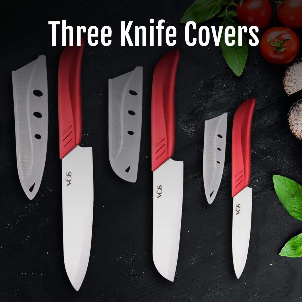 Vos Ceramic Knife Set in Elegant Gift Box, Ceramic Knives Set For Kitchen, Ultra Sharp Kitchen Knife Set with Covers, 4" 5" 6" Paring, Santoku & Chef Knife, Lightweight, Dishwasher safe (Red Handle)