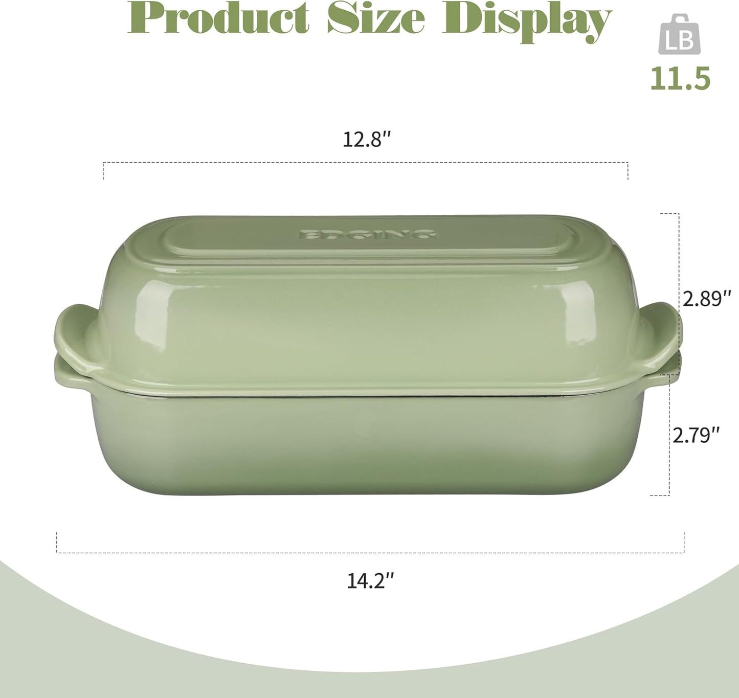 Enameled Cast Iron Loaf Pan with Lid, Dutch Oven Bread pan for Homemade Sourdough Bread Baking, 12.5x5.5 inch, 5qt, Pistachio Green