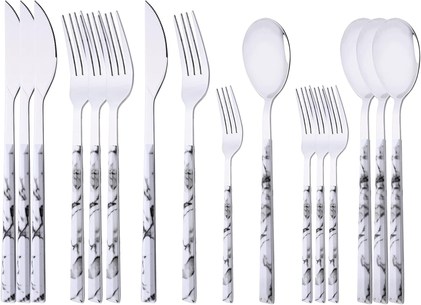 16-Piece Silverware Set with Dessert Fork, Stainless Steel Flatware Cutlery Set for 4, Mirror Finish Tableware Utensil Set, Marble Texture Handle, Include Knife Fork Spoon(White & Silver)