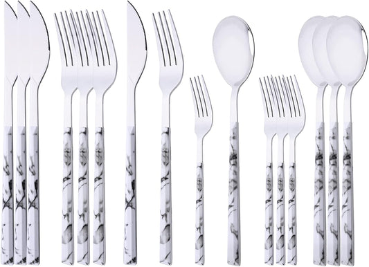 16-Piece Silverware Set with Dessert Fork, Stainless Steel Flatware Cutlery Set for 4, Mirror Finish Tableware Utensil Set, Marble Texture Handle, Include Knife Fork Spoon(White & Silver)