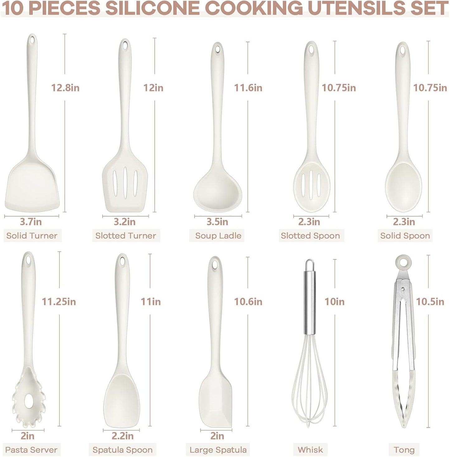 TeamFar Kitchen Cooking Utensils, 10 pcs Silicone Cooking Utensils Set, 446°F Heat Resistant Kitchen Gadgets Tools Set w/Spatula, Turners, Spoons, Soup Ladle, Pasta Server for Nonstick Cookware, White